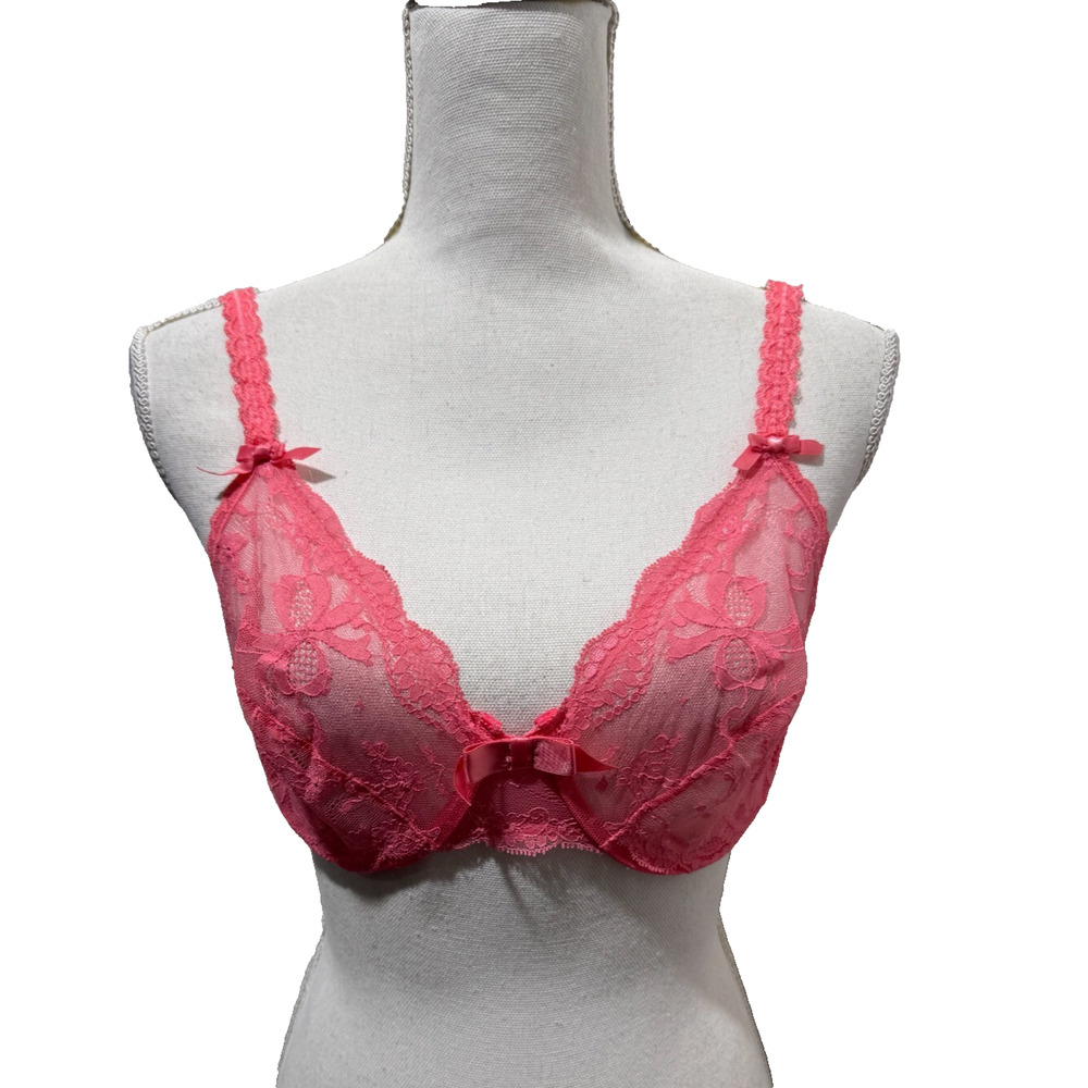 Vtg Victoria Secret Bra 36C Gold Label Smocked Pink Lace Sheer Underwire